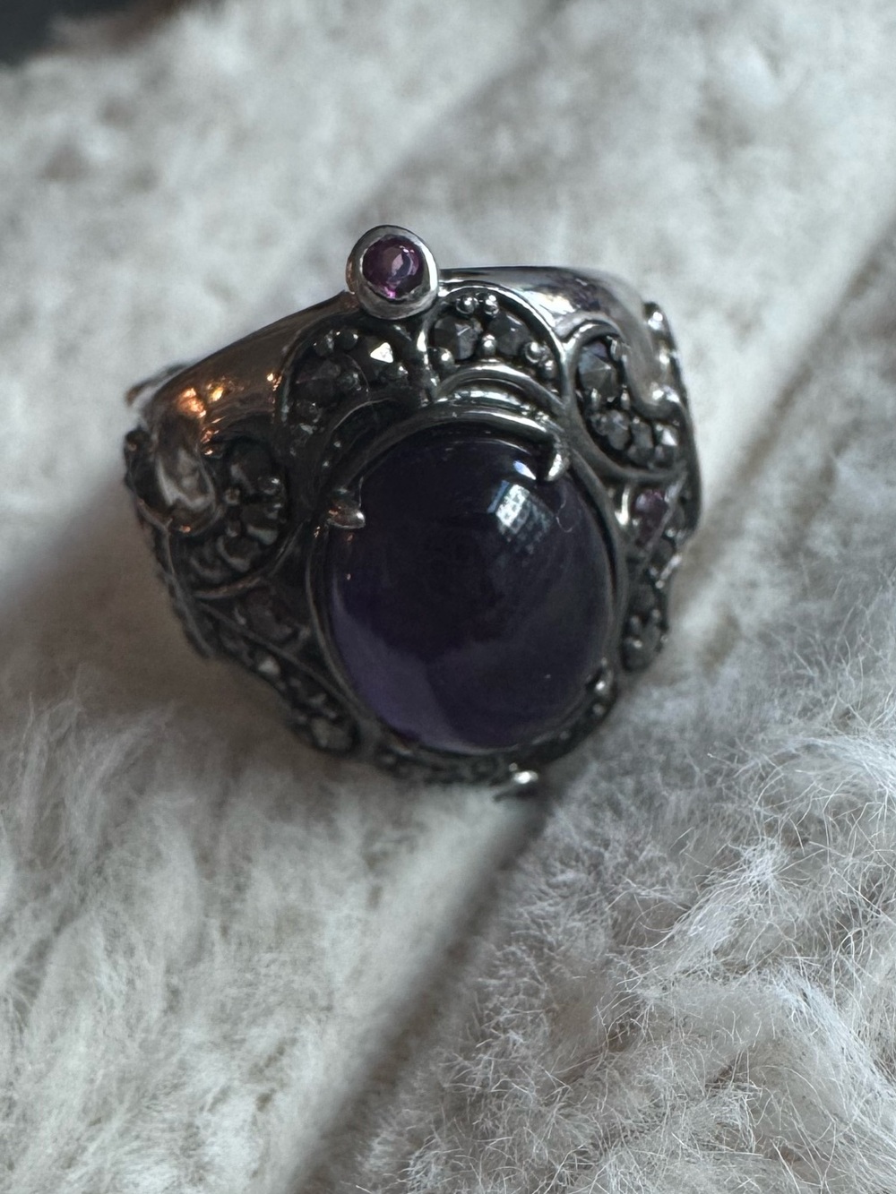 NH Sterling Silver 925 Amethyst Marcasite Filigree Statement Ring Size 7.5